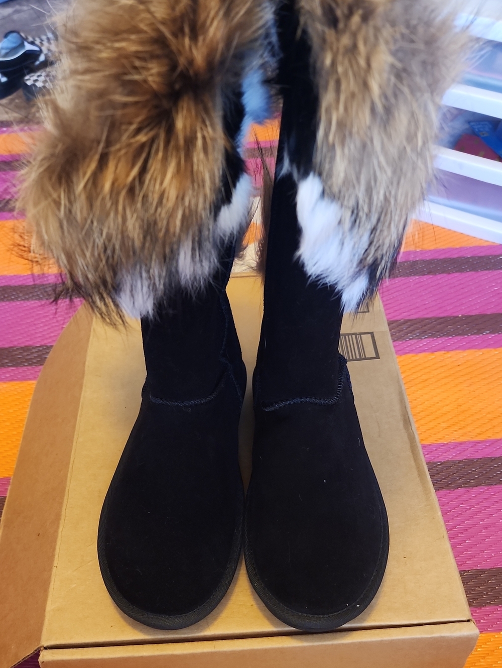 Black Suede Winter Boots with Faux Fur Trim - Women's - Picture 3 of 5